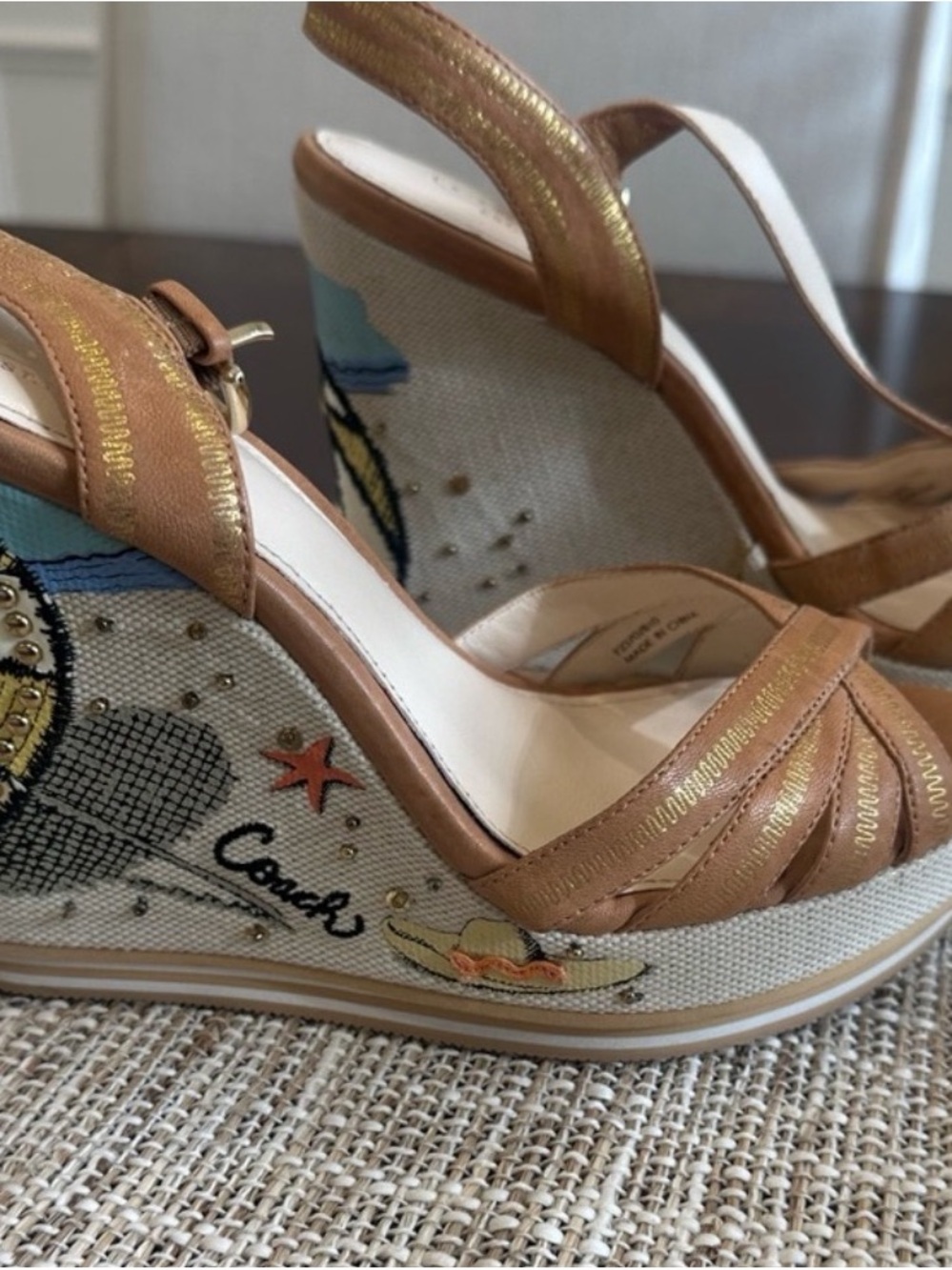 Coach Tan Leather Embroidered Wedge Sandals with Multicolor Heel - Picture 2 of 5
